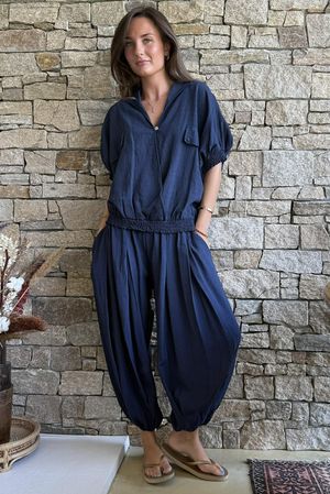 Basso Button Drape Cap Sleeve Shirt Navy